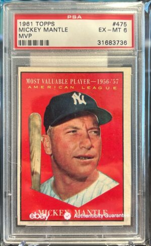 1961 TOPPS #475 MICKEY MANTLE, PSA 6 1961 TOPPS #475 MICKEY MANTLE, PSA 6